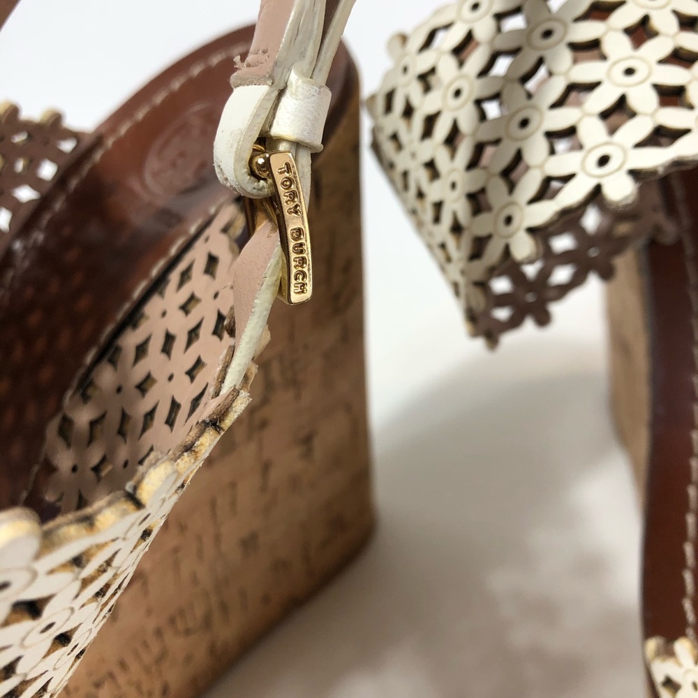 Tory Burch Ivory Flower Platform Wedge Leather Sandals Size 10.5 - Picture 5 of 11